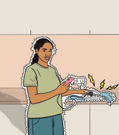Lady with spilled water over extension cord
